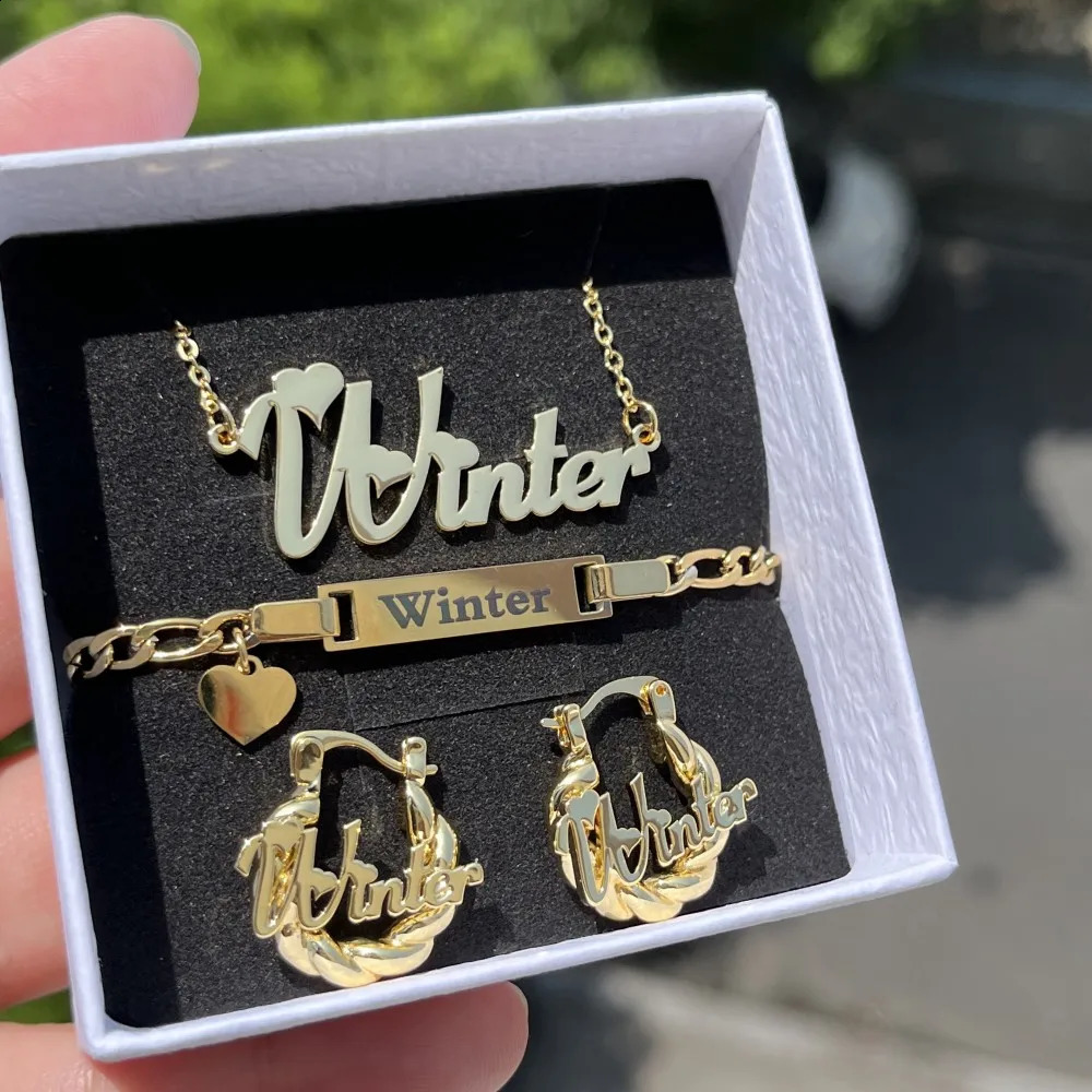 DUOYING Custom Name Heart Jewelry Set Personalized Engraved Letter Bracelet Stainless Steel Necklace Mini Hoop Earrings For Kids 240906