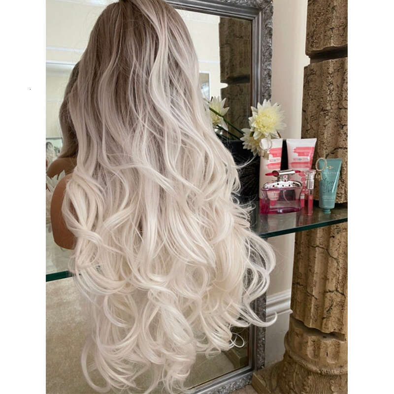 Heat Resistant Human Synthetic Mix Wig Ombre Platinum Front Wig Dark Brown Roots Transparent Swiss Lace Daily/Party Wearing