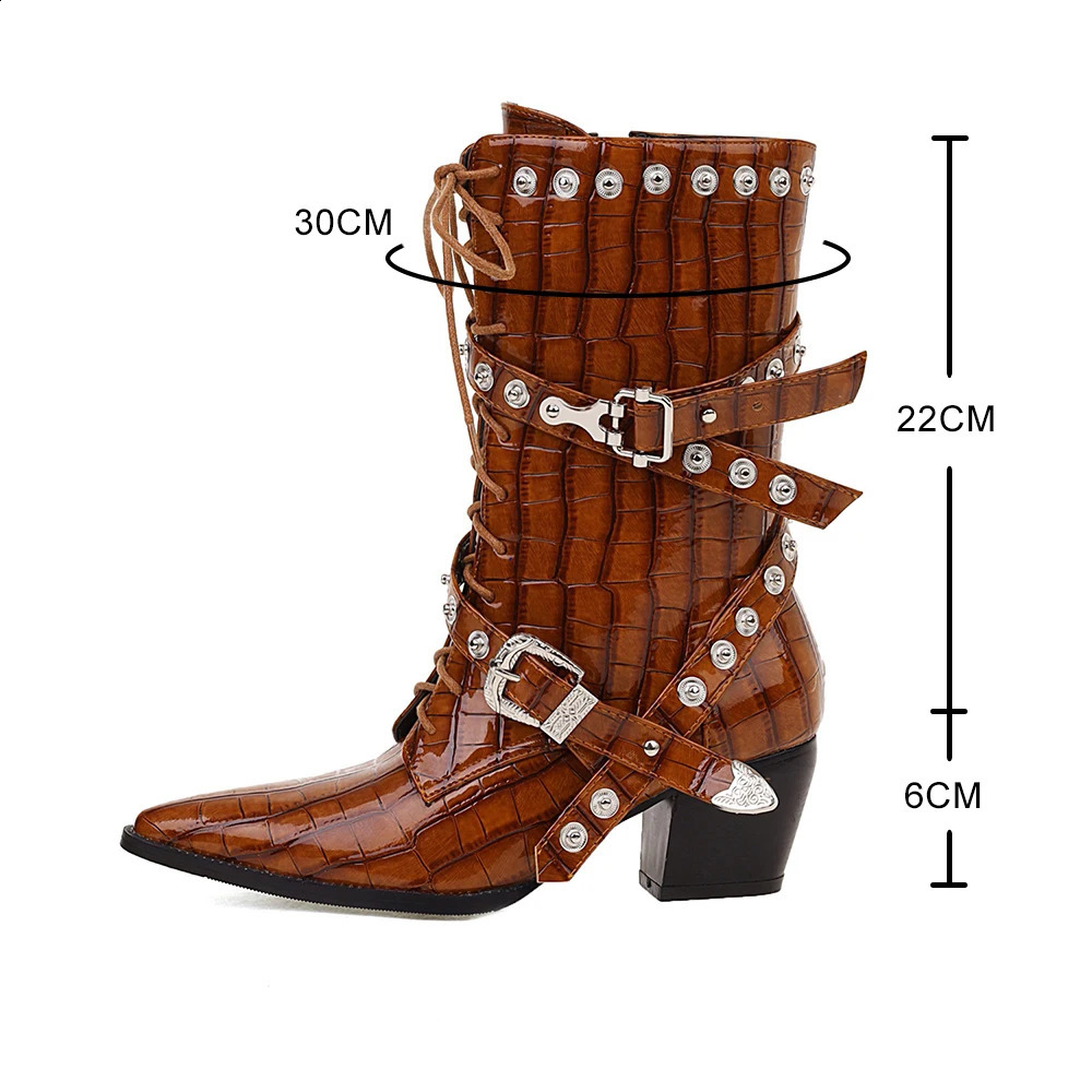 retro womens mid calf boots thick high-heeled shoelaces buckle boots corner toes rivet boots womens gothic punk party shoes 41 240914