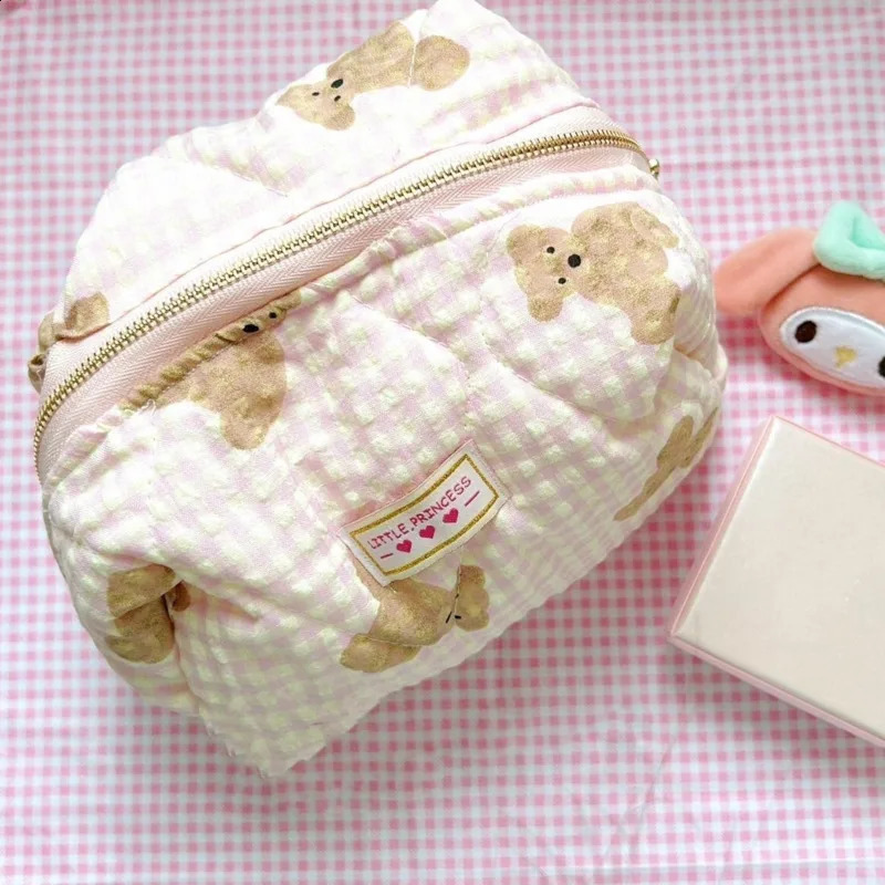 Cute Bear Print Cosmetic Bags Large Capacity Makeup Bags Soft Cotton Zipper Cosmetic Organizer Bag Travel Storage Bag For Women 240913
