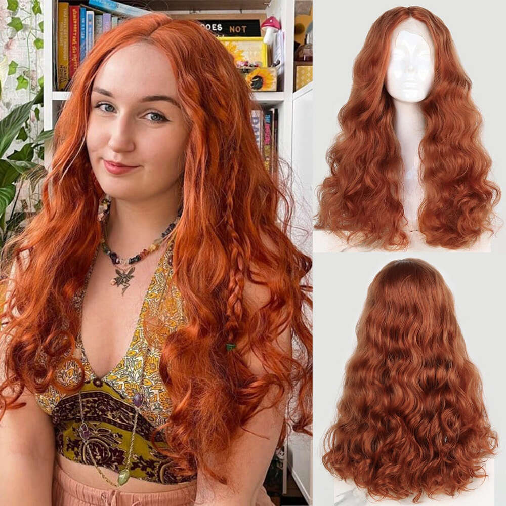 Orange Synthetic Lace Front Heat Friendly Fiber Auburn Long Curly Copper Red Halloween Costume Wig