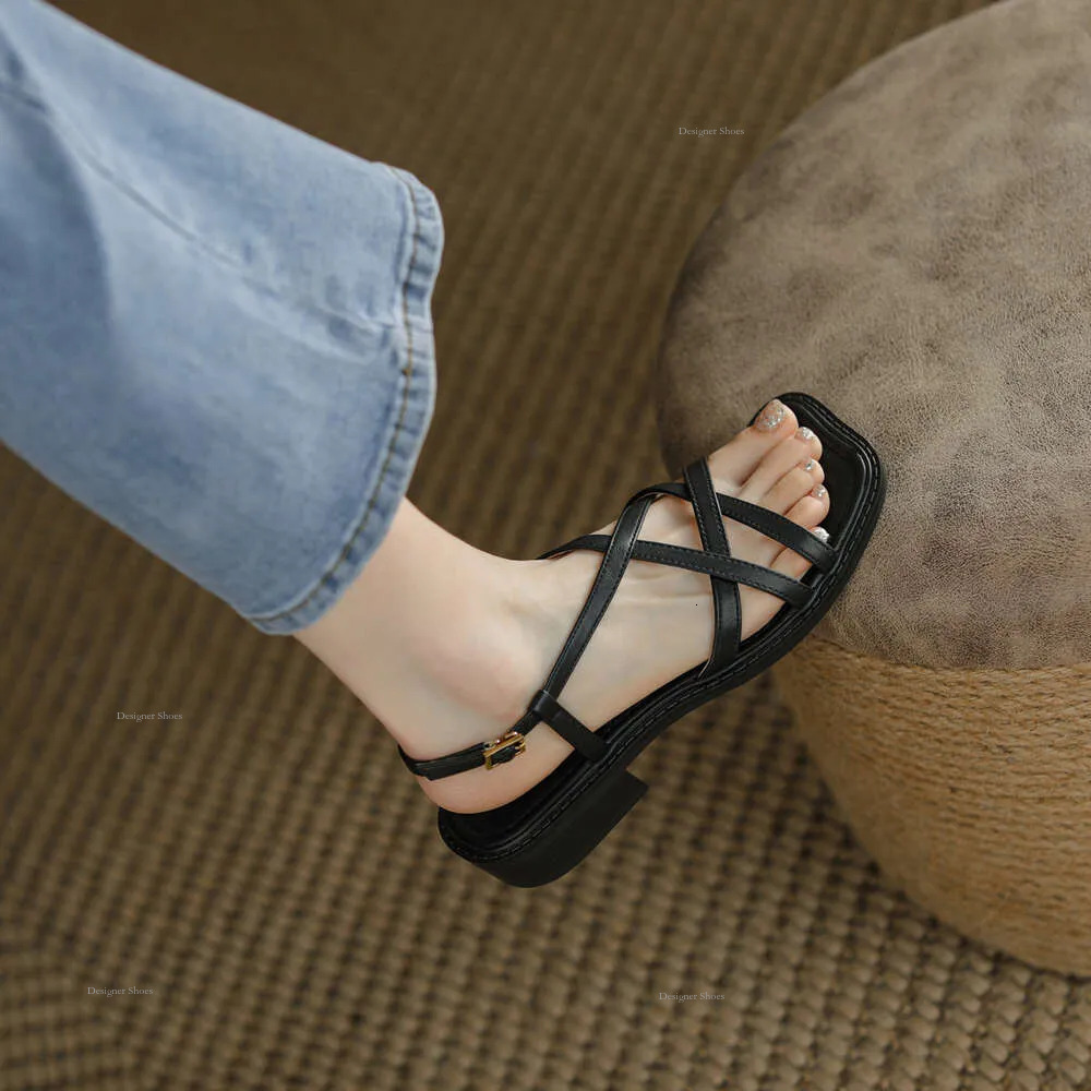 Open French Cross Toe Roman Sandals Women's 2023 Summer Fine Strap Woven Low Heel Brown Beach