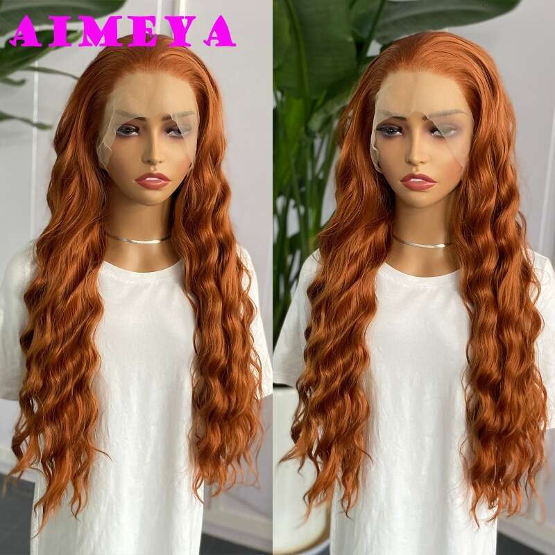 AIMEYA Ginger Lace Front Synthetic Long Body Wave Free Part Natural Haire Daily Use Orange Wig Heat Resistant Fiber