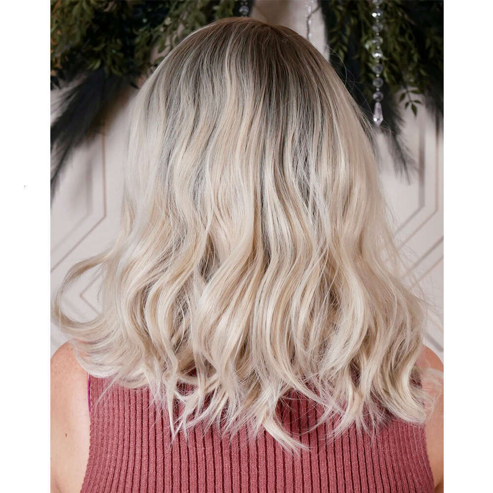 High Quality Synthetic Lace Front Wig Light Blonde With Natural Dark Roots 14" Heat Resistant Pre-Plucked Midldle Parting