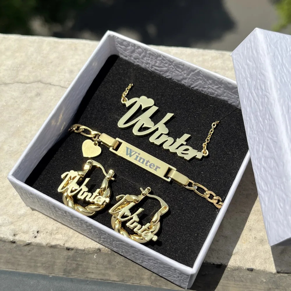 DUOYING Custom Name Heart Jewelry Set Personalized Engraved Letter Bracelet Stainless Steel Necklace Mini Hoop Earrings For Kids 240906
