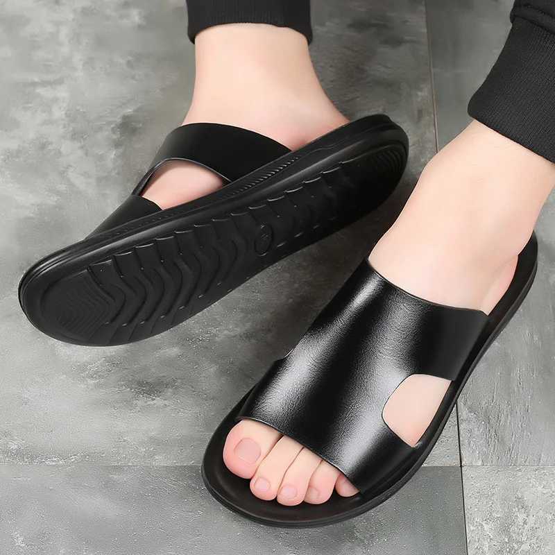 Slippers For Men Leather Luxury Flats Summer Beach Soft Casual Outside Sandals Slides For Mens Home Slipper Sandalias Shoes M240914