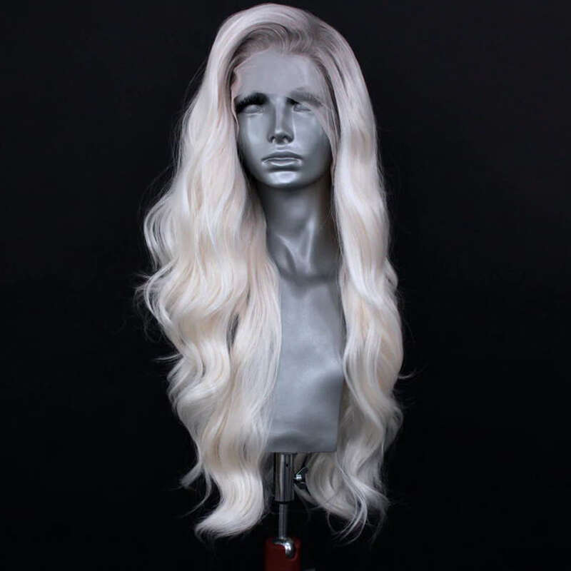 Icy Blonde Body Wave Synthetic Heat Resistant Mixed 10% Human Hair White Lace Front Wig #6 Roots 150% Daily Use