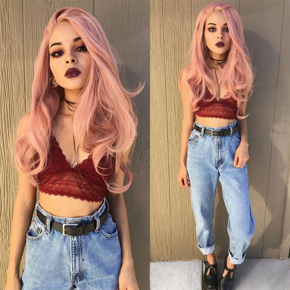 Pastel Synthetic Wigs Heat Resistant Rose Pink Lace Front 10% Human Mixed Long Hair Wavy Cosplay Wig 180%