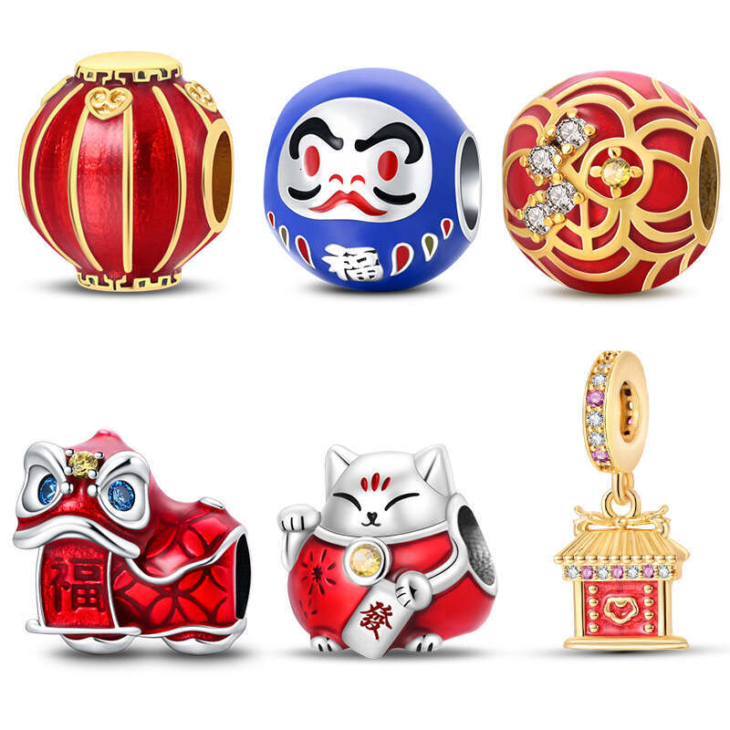 925 Sterling Silver Lucky Cat Chinese Knot Lion Dance New Year Charms Beads Fit Original Bracelets DIY Jewelry