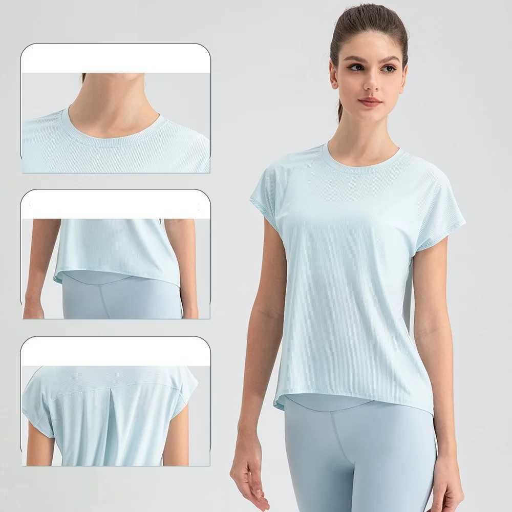 Women cool drop-shoulder curved hem I-pleated back breathable quick dry yoga sports casual short sleeve T-shirt top with M240914