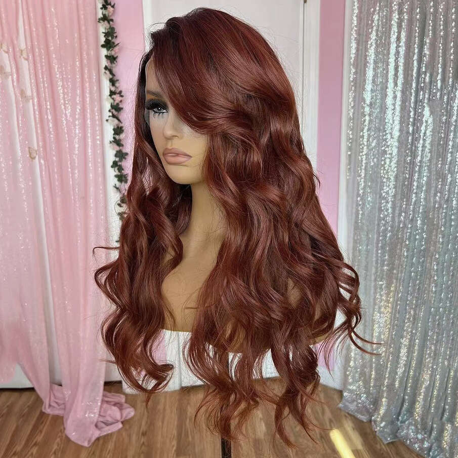 AIMEYA Copper Red Body Wave Black Roots Synthetic Lace Front Side Part Natural Haire Hair Daily Use Cosplay Wig