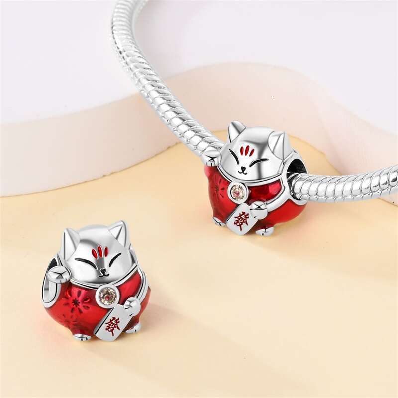 925 Sterling Silver Lucky Cat Chinese Knot Lion Dance New Year Charms Beads Fit Original Bracelets DIY Jewelry