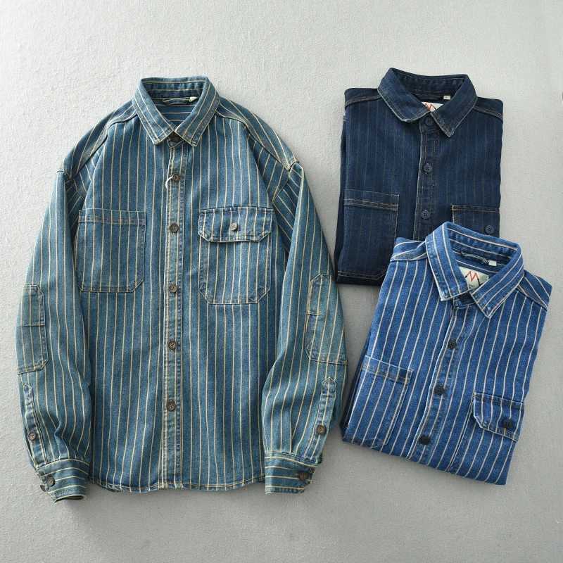 Japanese retro washed vertical striped denim shirt mens loose plus size cotton long sleeved jacket W240914