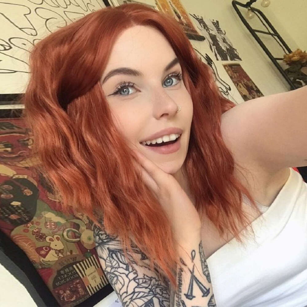 Copper Red Synthetic Front Shoulder Length Natural Wave Lace Frontal Wig Heat Resistant 10% Human Hair Mixed