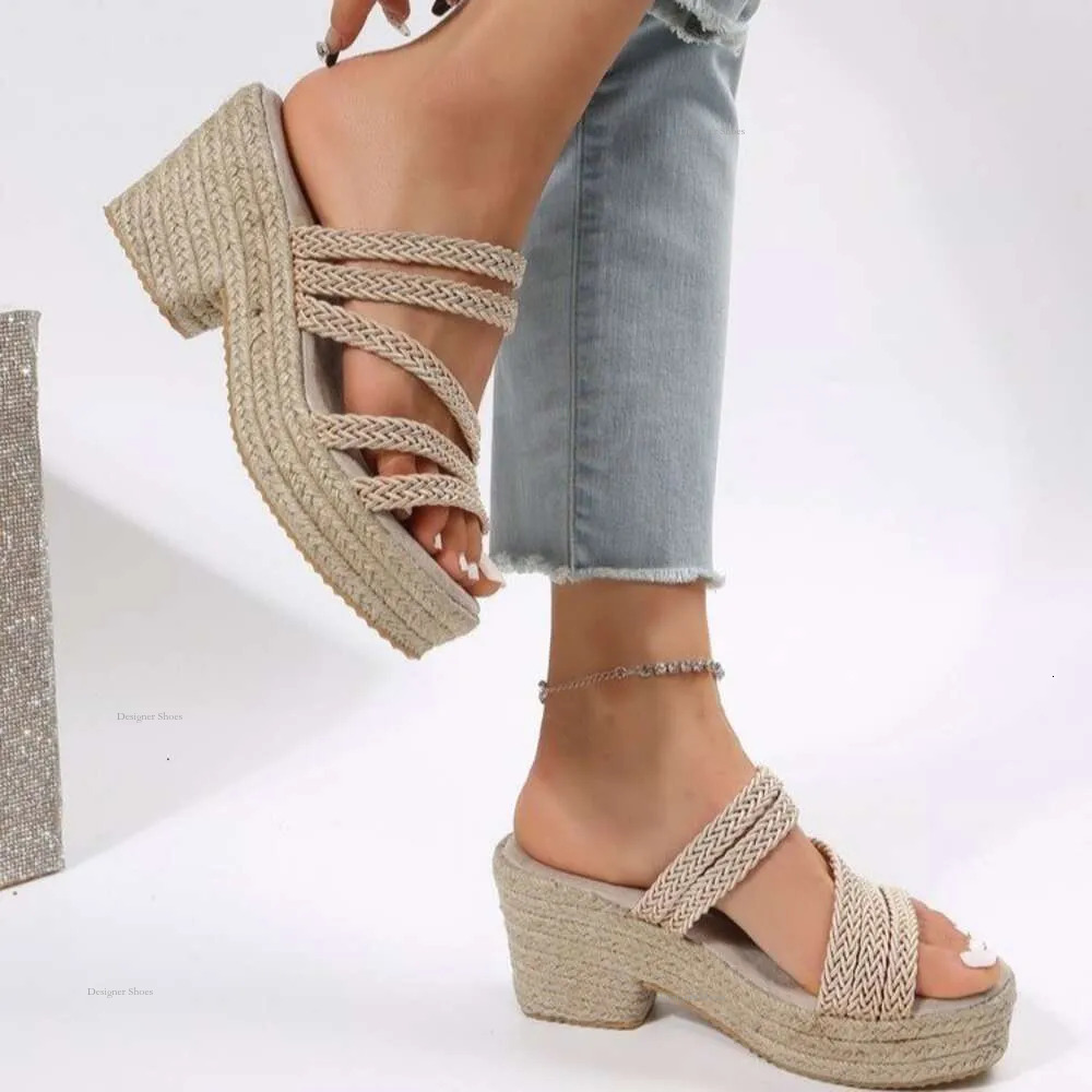 Size Summer Large Women's Linen Solid Color Woven Minimalist Ins Style Sandals, Slope Heel Sandals