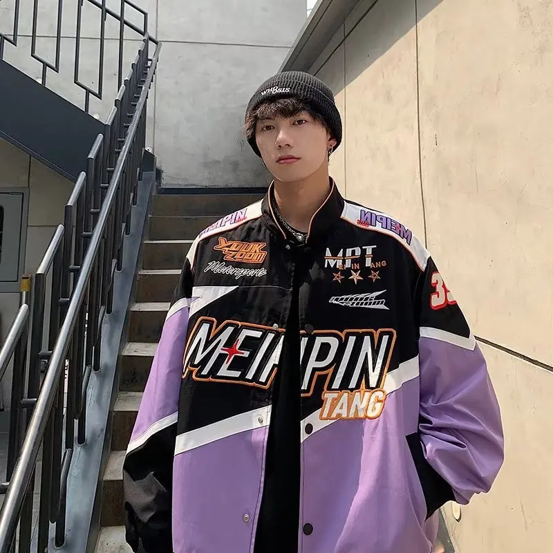 American Street Motorcycle Baseball Jacket Mens Y2K Hiphop Loose Fitting Vintage Racing Suit Vintage Embroidered Pilot Jacket 240911