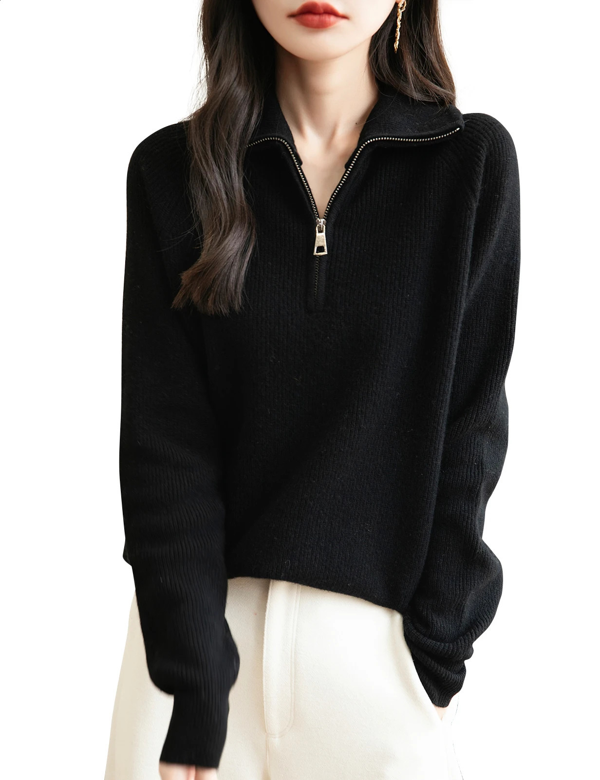 Turtleneck Womens Sweater 100% Merino Wool AutumnWinter Zipper Floral Casual Long Sleeve Knitted Top Clothing 240906