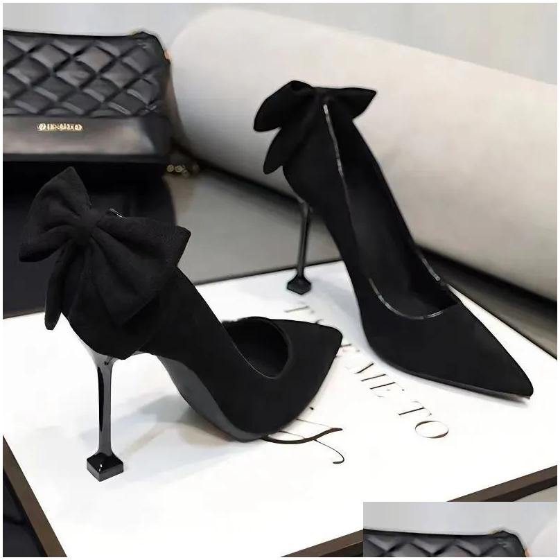 Dress French Single Female 7Cm Small Heel Temperament Bridesmaid 9Cm New Fine Bow Suede Medium Pointed Black High Drop Delivery Accessori Dh6