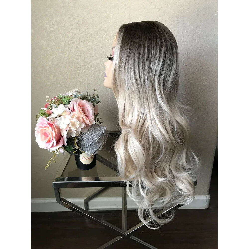 Black Roots Ombre Blonde Long Wave Synthetic Lace Front Wig For Women 10% Human Hair Wigs Heat Resistant Dailly Use 26" 150%