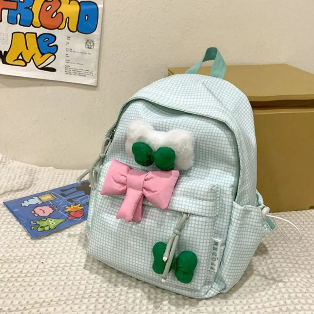 Large Capacity Cute Bow Backpack Solid Color Korean Nylon Student Backpack Grid Lightweight 240912