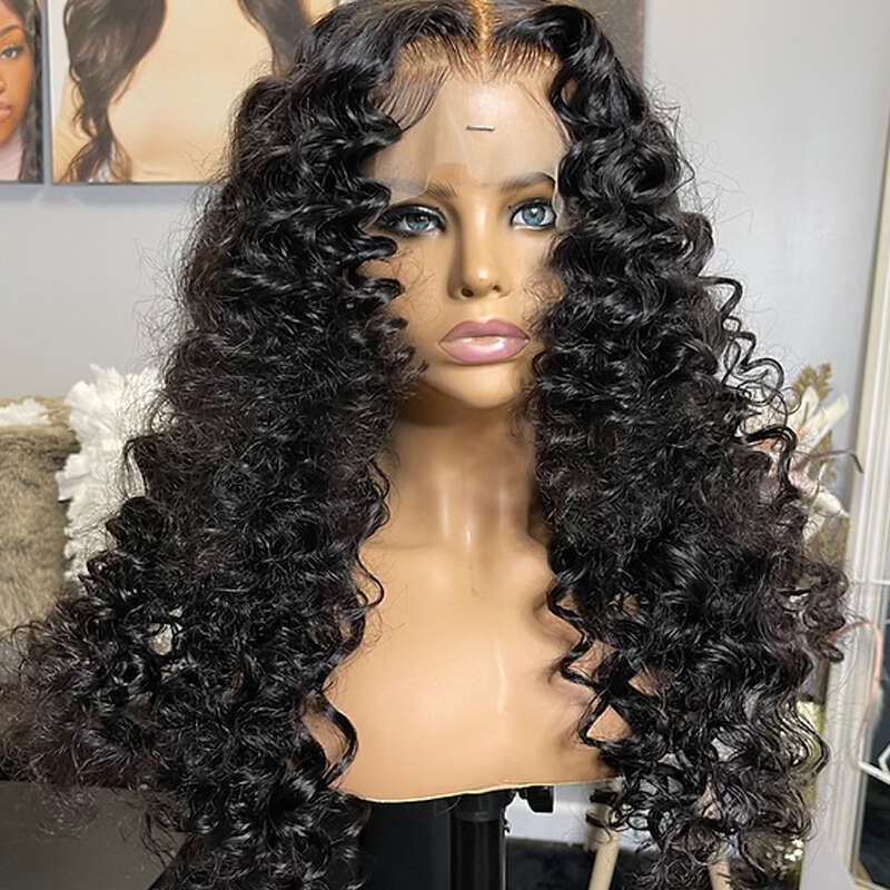 Loose Deep Wave Mixed Human Hair Wigs Heat Resistant Synthetic Lace Front Curly Wig For Women 180% Daily Use