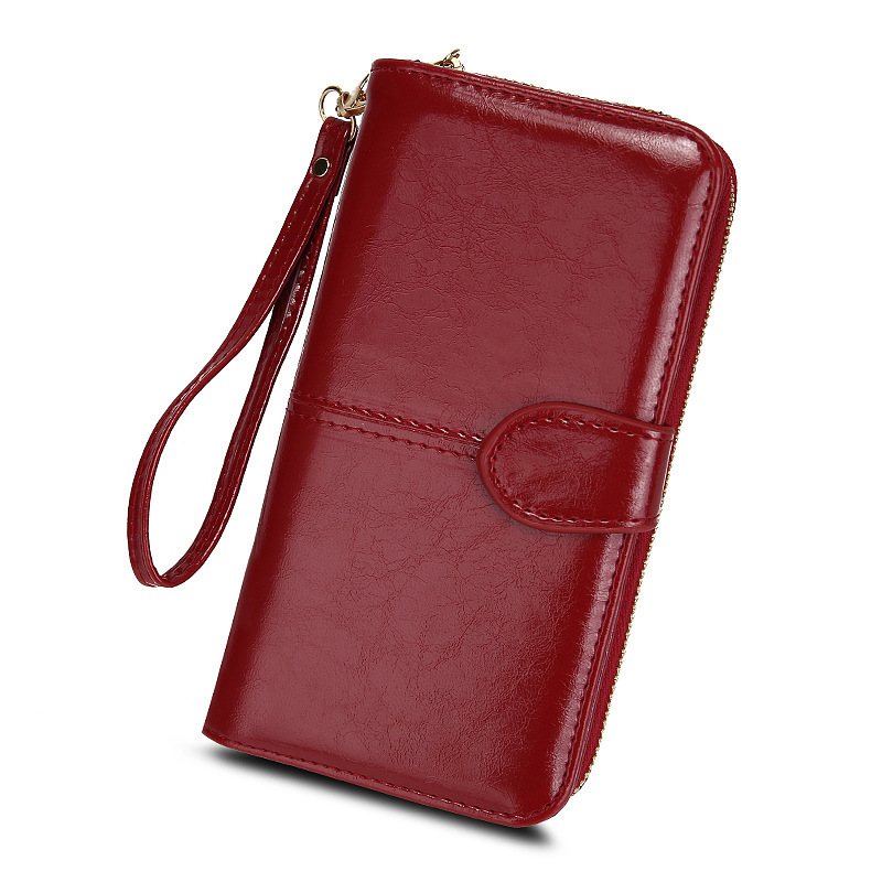 Mobile phone women's wax zipper PU hand-held bag 2024 buckle new wallet oil leather
