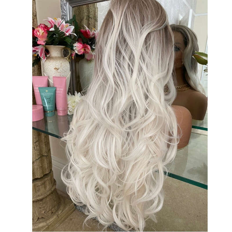 Heat Resistant Human Synthetic Mix Wig Ombre Platinum Front Wig Dark Brown Roots Transparent Swiss Lace Daily/Party Wearing