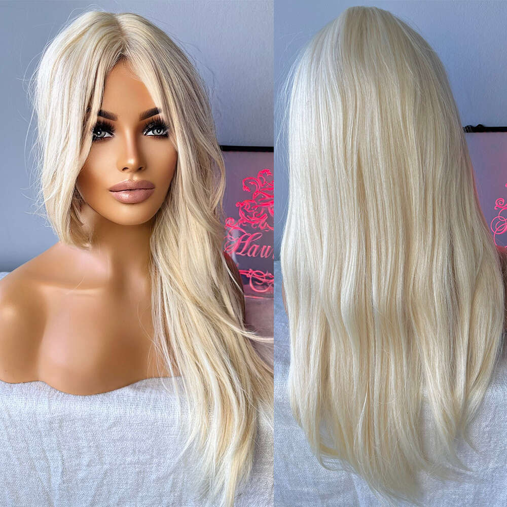 Blonde Wig Sexy Role Play Womens Long Layered 613 Fringe Bangs Realistic Human Hair Blends Straight Ladies Lace Front Wigs