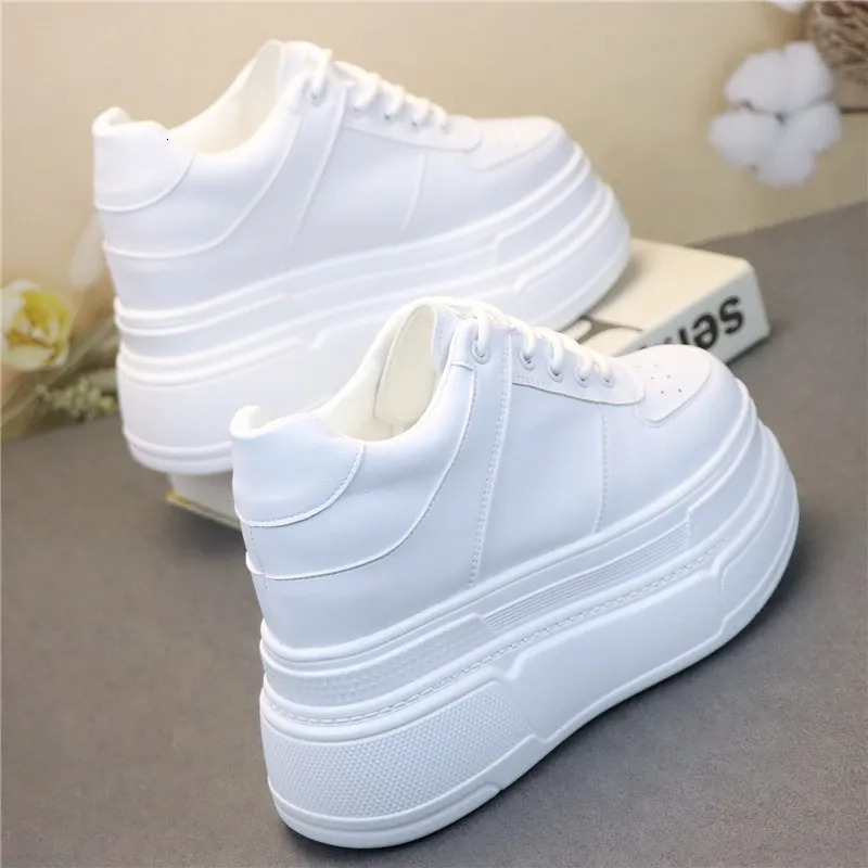 10CM 12CM Genuine Leather Spring Autumn Chunky Sneakers Ins Women Summer White Hidden High Heels Platform Wedge Shoes