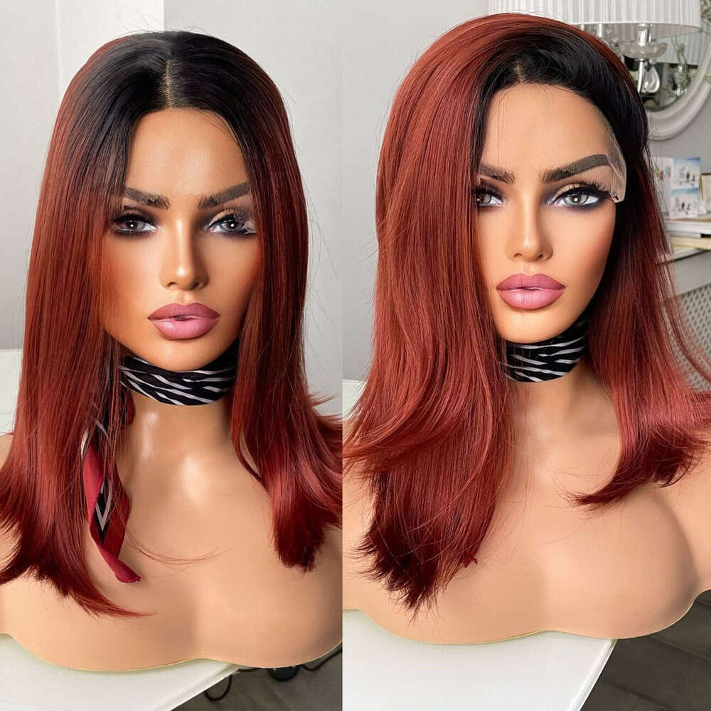 13X4 Ombre Copper Short Lace Front Silky Straight Bob Wig For Women Daily Use Cosplay Synthetic Hair