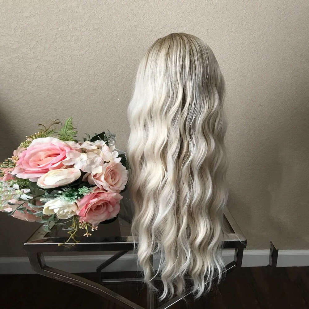26'' Ombre Platinum Blonde Loose Wave Heat Resistant Synthetic Lace Front Wig For Women 10% Mixed Human Hair Wigs Dailly