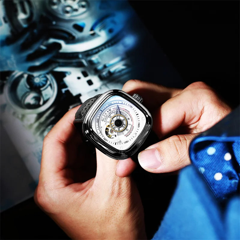 GLENAW Mechanical Watch for Men Breathable Leatherstainless Steel Automatic Skeleton Mens Watches Top Reloj Hombre 240906