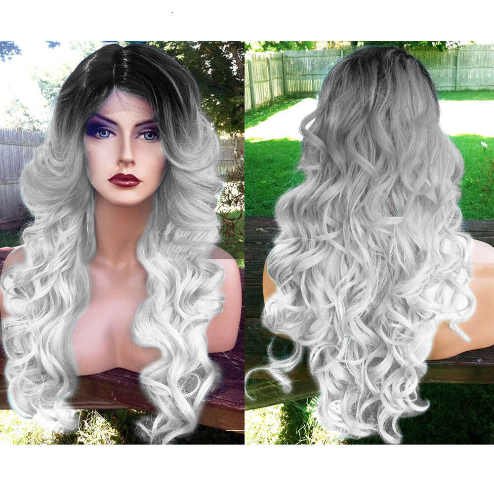 Light Sier Grey Lace Front With Ombre Black Roots 22" Long Curly Wig Heat Safe Synthetic Wigs For Women Daily Cosplay