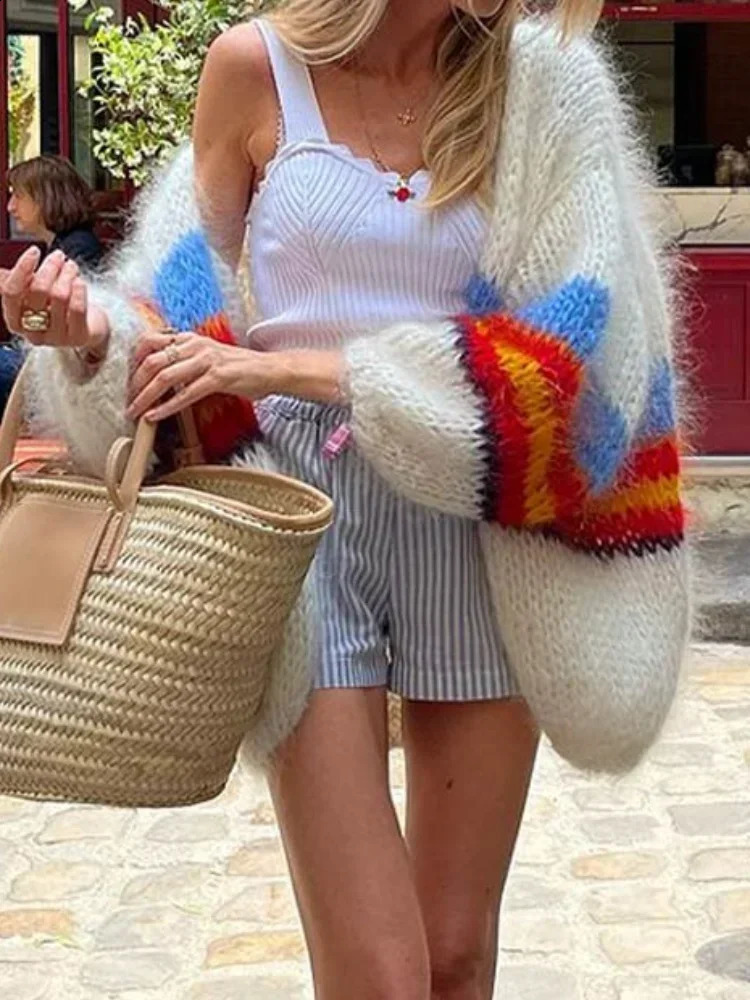 Women Elegant Colorful Contrasting Stripes Loose Sweater Cardigan Chic Puff Long Sleeve Knitted Sweaters Autumn Lady Street Wear 240904
