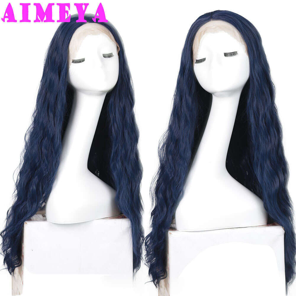 AIMEYA Dark Blue Loose Curly Long Synthetic Lace Front Wigs Natural Wave Hair Daily Use Cosplay Wig Heat Resistant