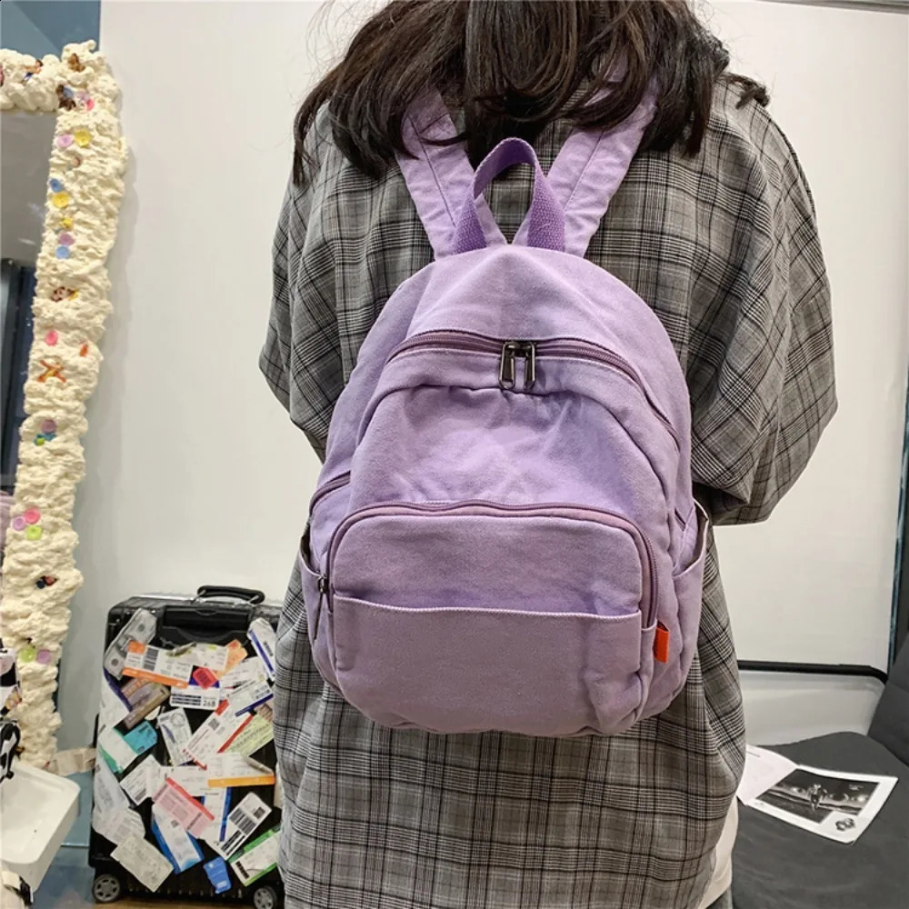 Casual solid color small backpack canvas zipper mini backpack Korean style travel backpack 240912