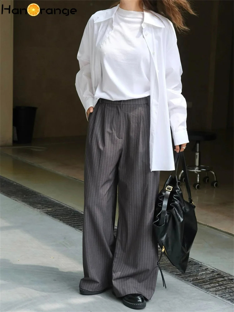 HanOrange Autumn Casual Waist Splicing Striped Pants Womens Loose Wide Legs Felt Trouser Grey 240913