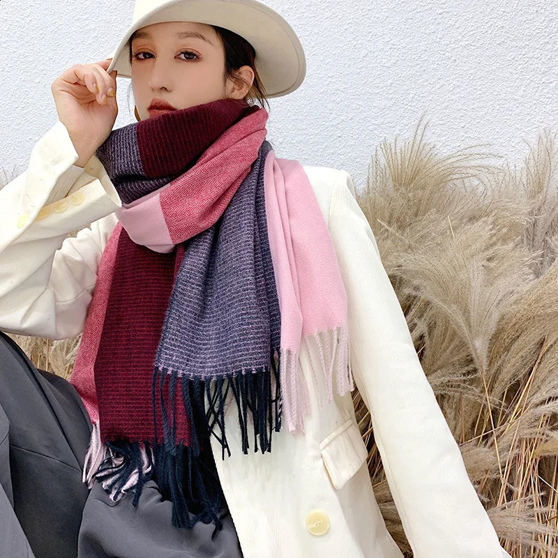 Double Sided Plaid Winter Women Cashmere Scarf Pashmina Shawls And Wraps Female Foulard Hijab Wool Stoles Head Scarves 240909