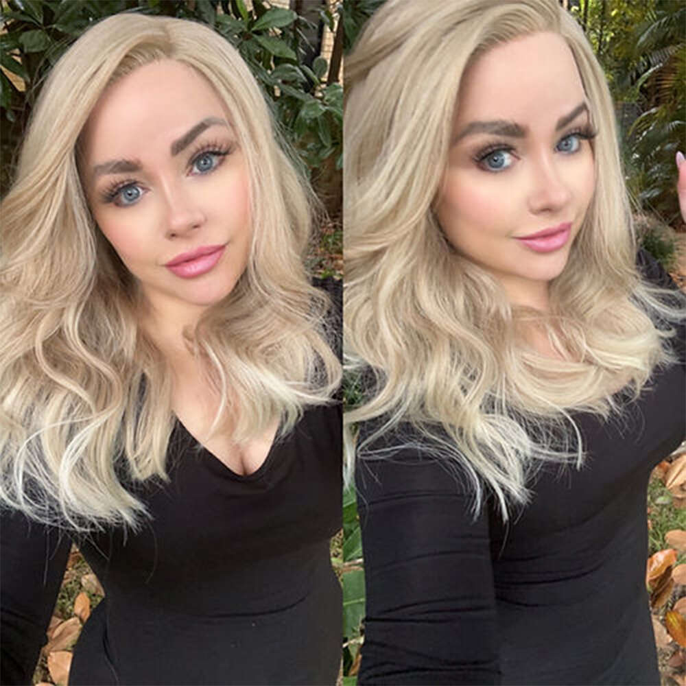 Bombshell Hoess Synthetic Wigs Pale Beige Blonde Highlight Lace Front Wig Beautiful Japanese Heat Friendly Fibres 18" Wavy