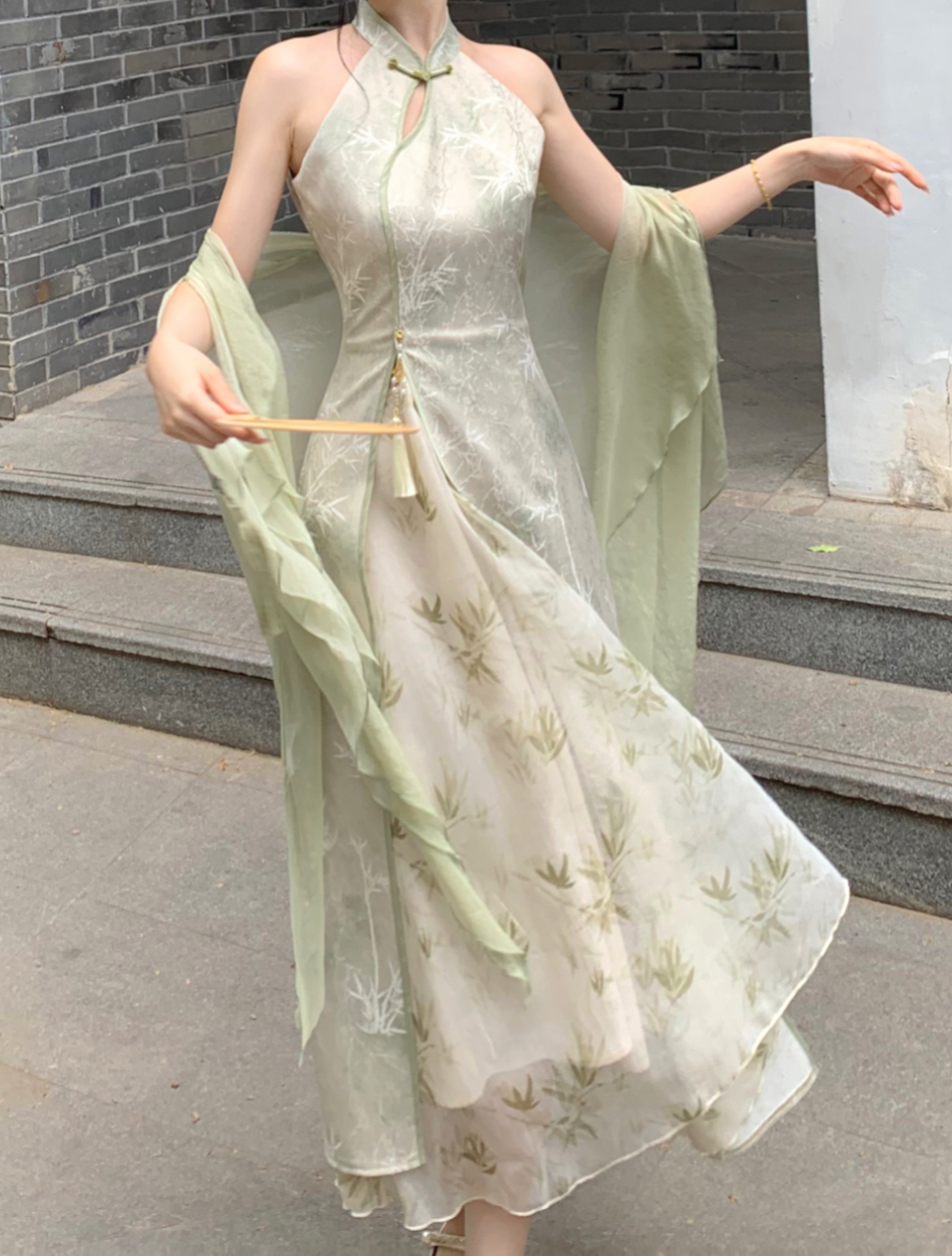 Blovelan Hanfu Style Cheongsam Dress - Bamboo Shadows Jacquard Print, Chinese Traditional Halter Neck Qipao