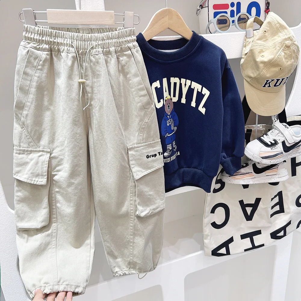 Students Boys Cargo Pants Spring Autumn Drawstring Solid Pockets Kid Boys Trousers Casual Letter Children Boys Jogger Pants 240906
