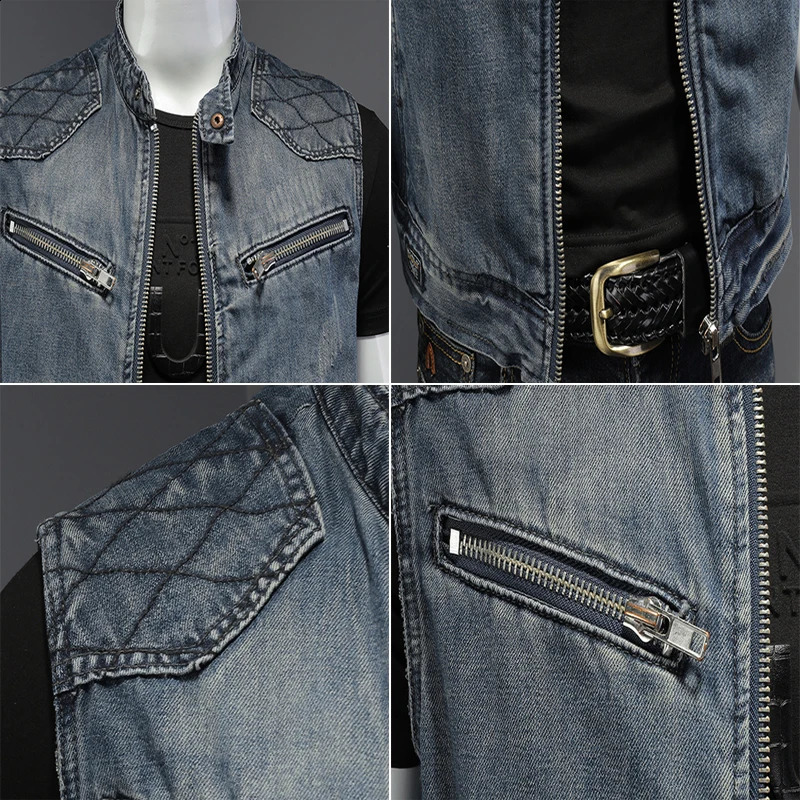DIMUSI Mens Denim Vests Vintage Fashion Retor Sleeveless Jackets Men Streetwear Ripped Hole Punk Jean Waistcoats Clothing 240912