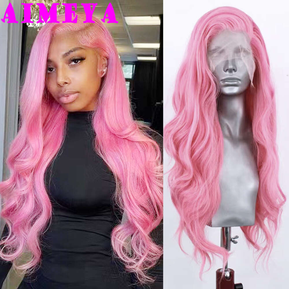 AIMEYA Pink Long Body Wave Side Part Lace Front Heat Resistant Synthetic Hair Daily Use Cosplay Wig