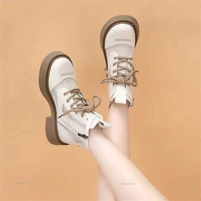 New 2024 Summer Mesh Martin Boots Womens Hollow Mid Heel Short Boots Thin Breathable Thick Sole Lace Cool Boots