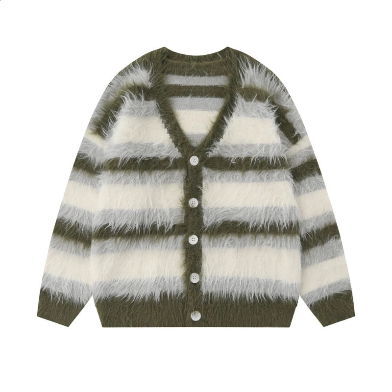 Striped plush Vneck sweater for women loose and casual brushed knit fashionable comfortable couples Harajuku street cardigan 240912