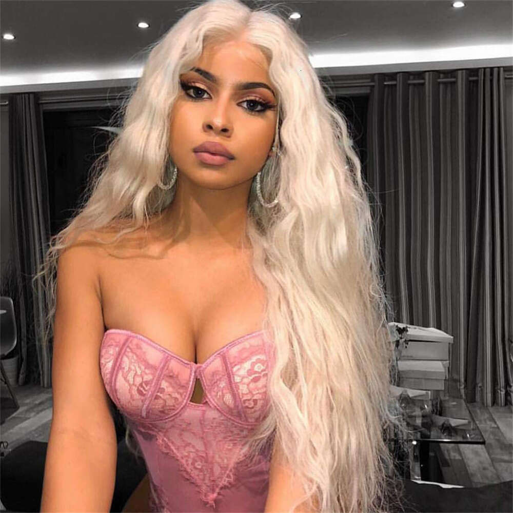 Icy Blonde Lace Front Wigs #60 Heat Resistant Long Loose Wave Human Hair Mixed Synthetic Fibers Daily Wear 28" 180%