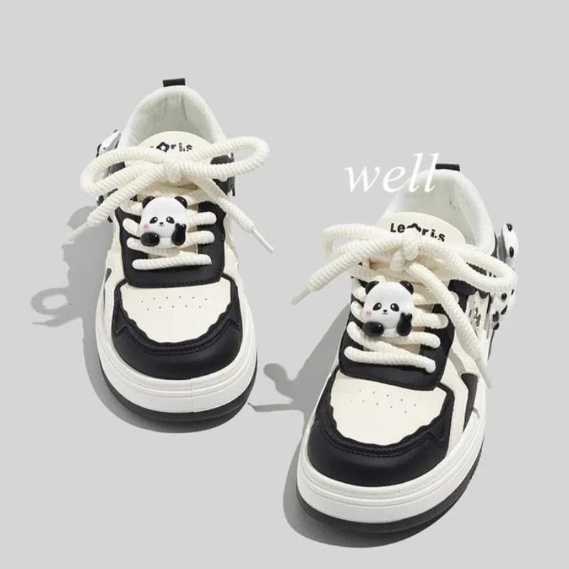 Kawaii Women Sports Shoes Panda Platform Sneakers Black White Cute Flats Lolita Footwear Tennis Female Casual Vintage Vulcanize