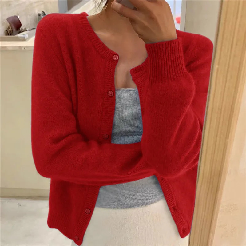 Solid Color Knitted Cardigan Women Korean Single Breasted Long Sleeve Jumper Woman Round Neck All Match Cardigans Outwear 2024 240910
