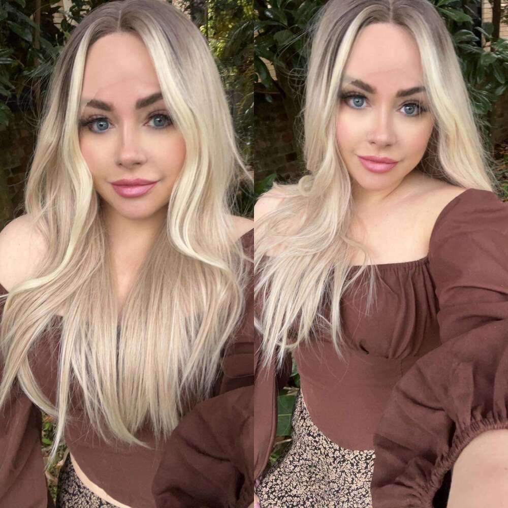 Highlights Honey Blonde Synthetic Long Wavy Front Human Hair Blended HD Transparent Lace Wig Perfect For Daily Use