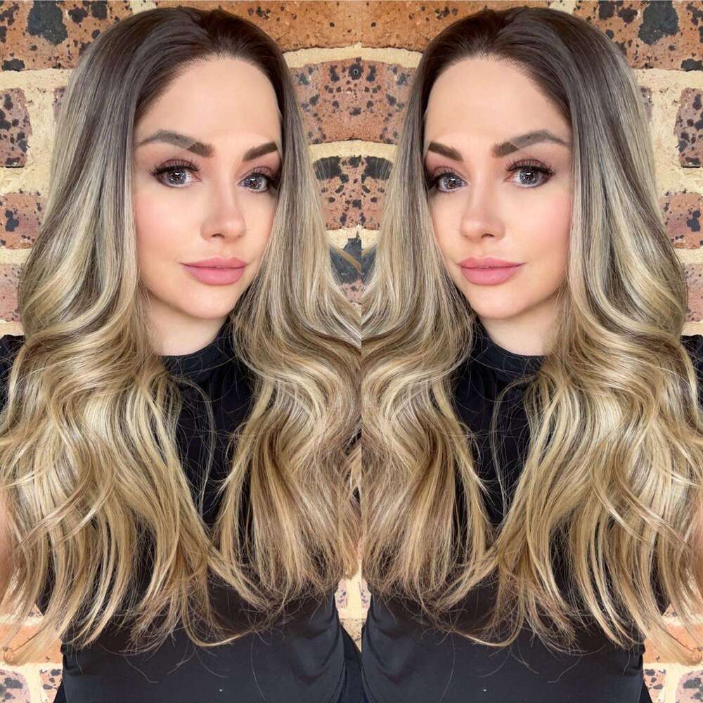 Dark Ash Brown Colored Synthetic Wigs Ombre Human Hair Mixed Lace Front For Women Daily Use Heat Resistant Long Wavy Wig